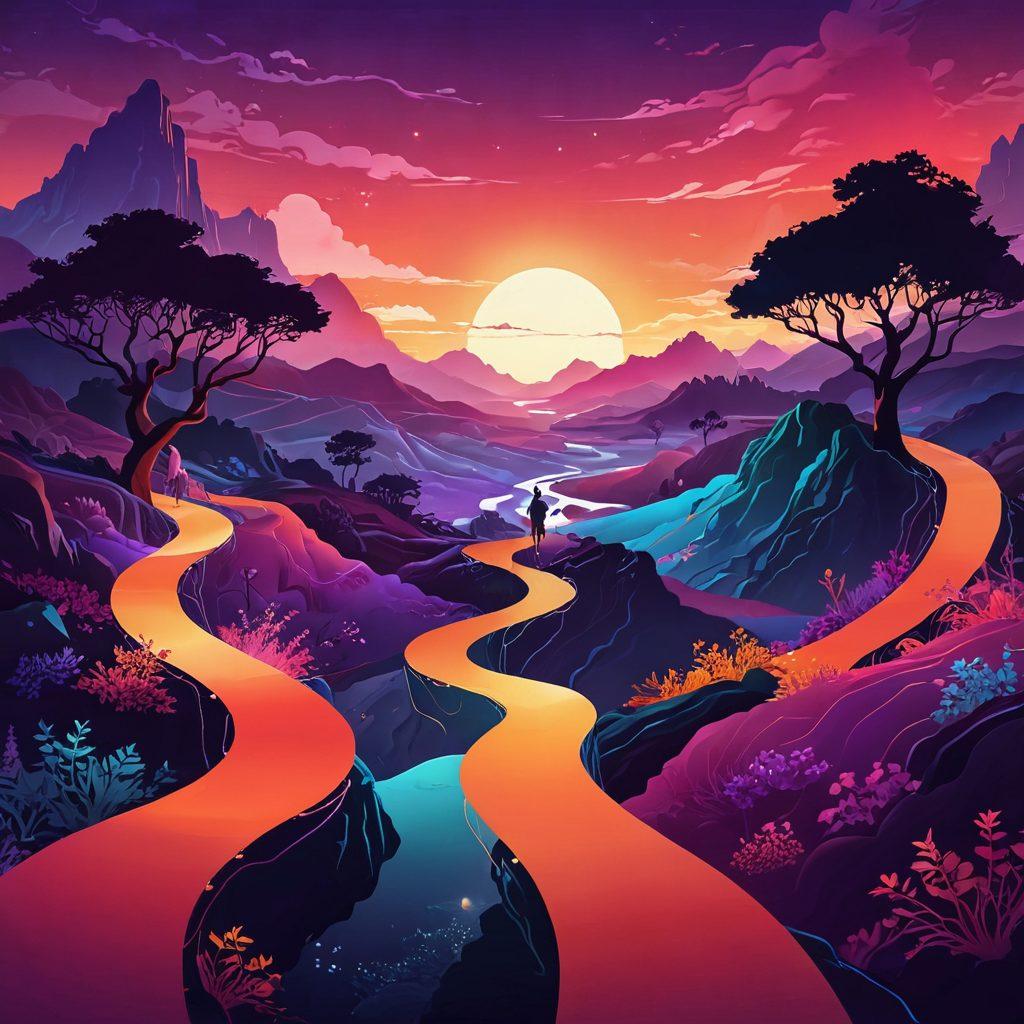 An abstract landscape merging digital art and sensuality, featuring winding paths leading to various streaming platforms represented as glowing screens. Include silhouettes of diverse individuals exploring their preferences in a vibrant and inclusive setting. Soft lighting and warm colors create a welcoming atmosphere. Reflect themes of adventure and discovery in adult content. vector art. vibrant colors. mystical background.