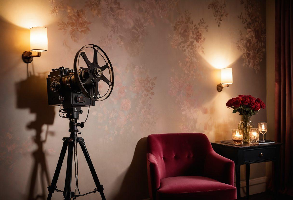 An intimate setting with soft ambient lighting, showcasing a vintage film projector casting silhouettes of passionate moments on a wall. Subtle hints of romance are depicted through intertwined bodies, with graceful curves and expressions of desire. Include scattered roses and velvet fabrics to evoke a sensual atmosphere. Artistic style should reflect a blend of impressionism and modern aesthetics. warm tones. soft focus.