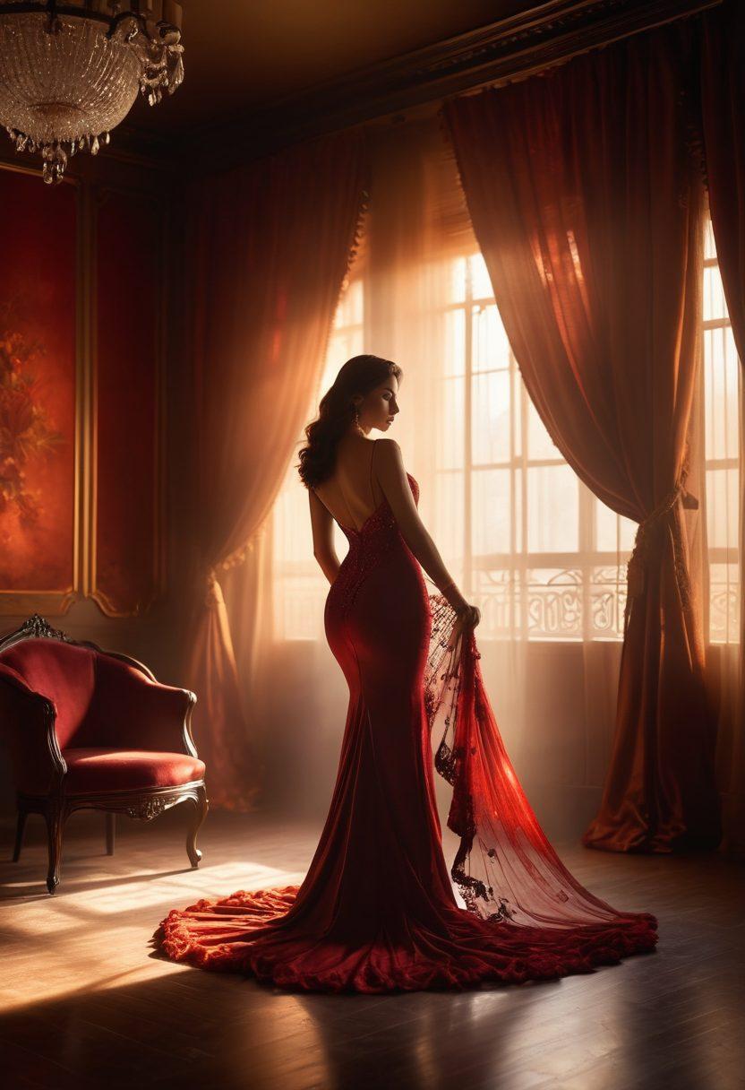 A sultry and mysterious scene featuring a dimly lit room adorned with luxurious fabrics and soft lighting, showcasing elegant silhouettes of alluring figures subtly engaged in artistic poses. A hint of exotic decor in the background, with sensual colors like deep reds and golds creating an inviting atmosphere. Ethereal mist drifting through the air, adding an element of intrigue and allure. Cinematic lighting emphasizes shadows and contours. super-realistic. vibrant colors. soft focus.